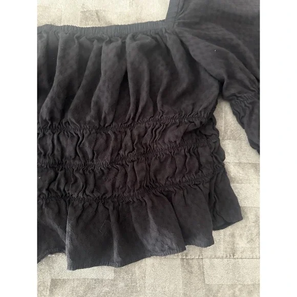 Urban Outfitters Shirt Womens Large Black Smocked Puff Sleeve Crop Top Blouse - Picture 5 of 14